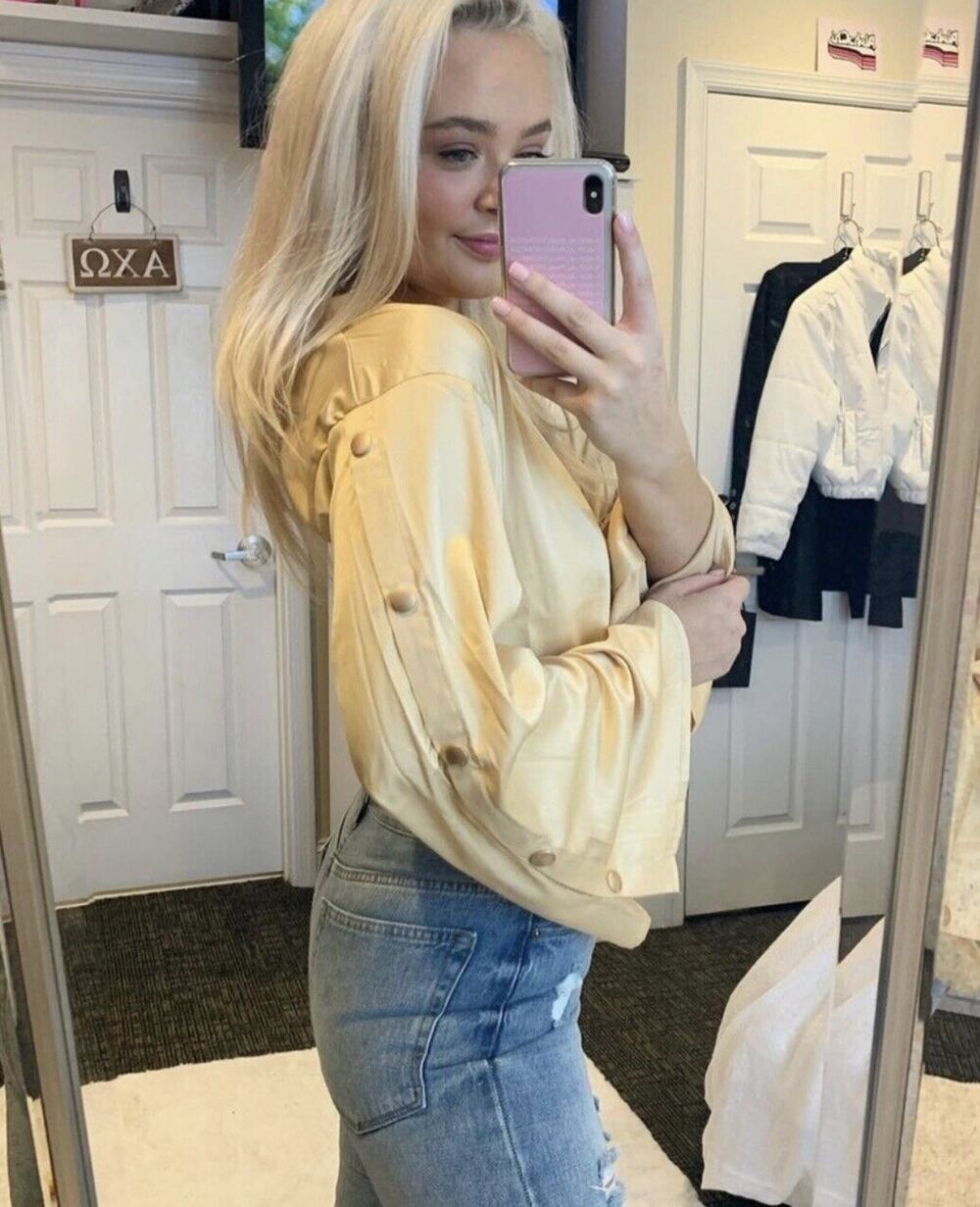 NWOT ontwelfth Golden Yellow bell sleeve with snap buttons cropped blouse